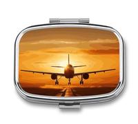 Aircraft Plane at Sunset Pill Box 2 Compartment, Portable Pill Case with Mirror for Pocket Purse Travel, Mini Metal Medicine Organizer for Vitamins Fish Oil