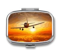 Aircraft Plane at Sunset Pill Box 2 Compartment, Portable Pill Case with Mirror for Pocket Purse Travel, Mini Metal Medicine Organizer for Vitamins Fish Oil