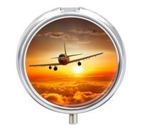 Aircraft Plane at Sunset Pill Case 3 Compartment Portable Pill Box Daily Round Pill Organizer for Pocket Purse Daily Medicine Container to Hold Vitamins Fish Oil Travel Gifts
