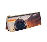 Aircraft Plane at Sunset Print Large Capacity Leather Pencil Case Smooth Zippered Pen Pouch School Travel Makeup