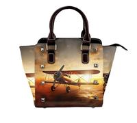 Aircraft Plane at Sunset -Print Leather Crossbody Bag With Rivets, Adjustable Strap, Multiple Pockets For Women, School Office Travel.