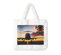 Aircraft Plane At Sunset Printing Fluffy Shoulder Bag Ladies Plush Underarm Bag Tote Bag Furry Purse Handbag For Work Travel, White, One Size