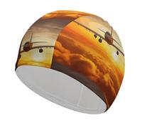 Aircraft Plane at Sunset Swim Cap for Adult, Elastic Fabric Swimming Cap, Comfortable Bathing Cap for Long & Short Hair
