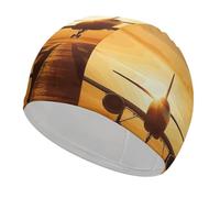Aircraft Plane at Sunset Swim Cap for Adult, Elastic Fabric Swimming Cap, Comfortable Bathing Cap for Long & Short Hair