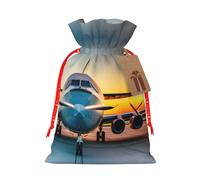 Aircraft Plane At Sunsets Print Christmas Drawstring Present Bag, Polyester Linen-Like Bag, Reusable Holiday Goodie Bag