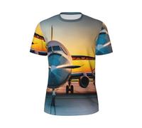 Aircraft Plane at Sunsets Print Men Short Sleeve Workout T-Shirt Gym Casual Sports Summer Activities Everyday Wear Black