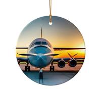 Aircraft Plane at Sunsets Print Round Flat Hanging Ornaments for Christmas Winter New Year Party Hanging Decorations