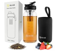 Airdd Glass Water Bottle 32oz with Stainless Tea Infuser, BPA-Free, Wide Mouth, Protective Sleeve, Eco-Friendly Borosilicate Glass
