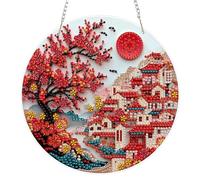 AIRDEA DIY Chinese Village Diamond Art Ornament Kit for Adults, Double-Sided Red Blossoms Diamond Painting Hanging Kit, DIY Acrylic Special Shaped Drills Hanging Suncatcher