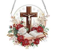 AIRDEA DIY Cross Roses Diamond Art Ornament Kit for Adults, Double-Sided Bible Flowers Diamond Painting Hanging Kit, DIY Acrylic Special Shaped Drills Hanging Suncatcher