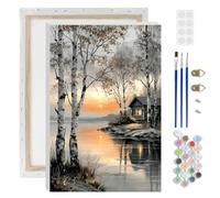 AIRDEA Lakeside Cabin Paint by Numbers for Adults, Birch Trees Painting by Numbers for Adults, DIY Acrylic Pigment Drawing Paintwork Arts and Crafts Painting Kit for Home Decor 8x12 inch (Framed)
