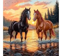 AIRDEA Two Horse Diamond Art Kits Adults, 5D DIY Sunset River Diamond Painting Kit, Full Drill Gem Arts and Crafts for Adults for Home Wall Decor 30x30 cm