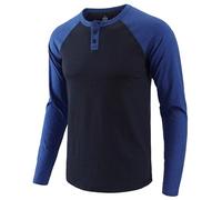 AIRDYNAM Men's Henley Shirts Raglan Long Sleeve Slim-Fit Casual Cotton Baseball Tee Shirt, Navy/Royal Blue, Medium