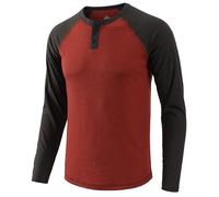 AIRDYNAM Men's Henley Shirts Raglan Long Sleeve Slim-Fit Casual Cotton Baseball Tee Shirt, Rust Red/Dark Gray, Medium