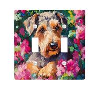 Airedale Terrier Dog Decorative Light Switch Cover Plate 2 Gang Double Toggle, Oil Painting Peach Flower Electrical Faceplate for Kitchen Bathroom, Pet Switchcover Decor