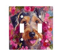 Airedale Terrier Dog Decorative Light Switch Cover Wall Plate 2 Gang Double Toggle, Oil Painting Peach Flower Electrical Faceplate for Kitchen Bathroom, Pet Switchcover Decor