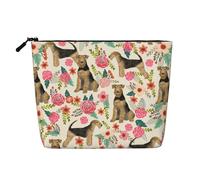 Airedale Terrier Floral Print, Cosmetic Bag Imitation Linen Makeup Bag Portable Travel Toiletry Bag