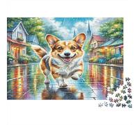 Airedale Terrier Paperboard Corgi Running through Puddle in Town Classic Jigsaw Puzzle Brain Training Gift for Adults 52x38cm/1000pcs