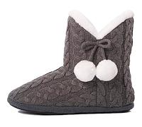 AIREE FAIREE Slipper Boots Women Ladies Slippers Faux Fur Lined with pom poms,Grey,5/6 UK (Medium)