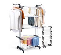Airer Clothes Drying Rack, 5-Tier Foldable Extra Large Capacity Stainless Steel Laundry Airer with Rolling Wheels & Foldable Wings, Space-Saving for Indoor and Outdoor Use, Ideal for Home & Balcony