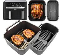 AirFlow Pro™ for Tefal Easy Fry Dual 8.3L Silicone Liners | 15mm Ridges | Fits Tefal Easy Fry Dual 8.3L. 2 liners, 3mm BPA-free silicone, dishwasher safe; 22.6 × 19.1 × 10.5 and 22.6 × 12.1 × 10.5cm.