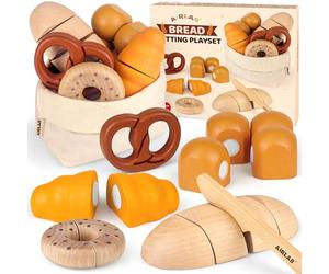 Airlab Wooden Bread Cutting Play Food Toy Set, Role Play Kitchen Accessories & Tea Set for Bakery & Picnic, Educational Montessori Breakfast Toy, Birthday Gifts for Boys & Girls 2 3 4 5 Years Old
