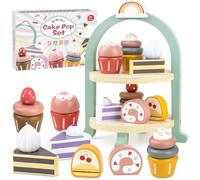 Airlab Wooden Cake Set, Wooden Kitchen Toys for Toddlers, Play Food Set for Children Kitchen Accessories, Afternoon Tea Pretend Role Play Toy with Cupcakes and Cake Stand for Girls Boys