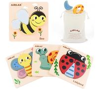 Airlab Wooden Jigsaw Puzzle for Kids, Garden Animals Chunky Shape Puzzles for Toddlers Over 1 2 3 Year Olds, Baby Montessori Preschool Educational Learning Toys for Girls Boys, Children Handmade Toys