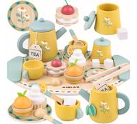 Airlab Wooden Large Tea Set for Toddlers, Afternoon Tea Party Toy for Children, Pretend Food Role Play Kitchen Accessories with Cakes and Biscuits, Birthday Gifts for Baby Girls and Boy Age 3+