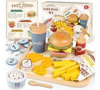 Airlab Wooden Play Food Set for Children, Toy Kitchen Accessories for Kids Role Play, Fast Food Shop Toy with Hamburger, Fake Money & Prop Coins, Educational Pretend Play for 3+ Years Old Boys & Girls