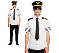 Airline Pilot Captain Costume Shirt Tie & Hat Fancy Dress Outfit Adults