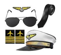 Airline Pilot Costume Set - Halloween Pilot Costume Set With Aviatar Hat, Badge, Tie, Glasses, Epaulettes, Adults Airline Captain Fancy Dress For Halloween, Cosplay, Theme Parties & Role Play