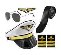 Airline Pilot Set - Fancy Dress Accessories For Children, Uniform Gear | Complete Costume Pack With Hat Tie Badge Epaulet Sunglasses Pretend Career Outfit Halloween School Event Cosplay Imagi