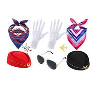 Airline Stewardess Accessories - 5-Piece Flights Attendant Costume Set | Hat Scarf Gloves Sunglasses Brooch | Photo Props for Women Party Daily Wear Holiday Halloween Birthday Vacation