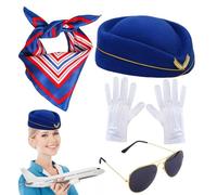 Airline Stewardess Accessory Kit - Complete Role Play Set [200g Lightweight Design] - Suitable for Dress-Up Games, Themed Celebrations, Theatrical Productions - Nylon-Cotton Gloves & Striped Scarf