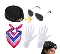 Airline Stewardess Costume 5 Pieces Attendant Fun Photo Props | Airline Stewardess Hat Sets for Daily Outdoor Home Vacation Party Holiday Birthday New Year Valentine's Day