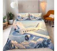Airliner Duvet Cover 150x200cm, Single Duvet Covers Snow Mountain Cloud Transport Aircraft Bedding Set with Pillowcases, Reversible Microfiber Luxury Non Iron Quilt Cover with Zipper Closure