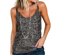 AirMood Women Sexy Scoop Neck Sparkle Shimmer Tank Vests Sequins Tops Disco Sequin Tank (Black Silvery,L)