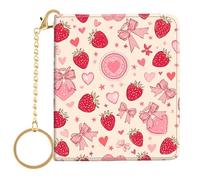 AIRMORS Small Wallet Women Cute RFID Blocking Credit Card Holder Billfold Slim Card Holder Wallets for Travel Girls Thin Bifold Pocket Mini Coin Purse with ID Window, Pink Strawberries, Printed Fabric
