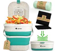 AIRNEX Collapsible Compost Kitchen Food Waste Caddy - 3.8 Litre/1 Gallon Small Bin with Lid Made of Wheat Straw - Odourless Kitchen Caddy for Food Waste with 20 Trash Bags and 2 Carbon Filters