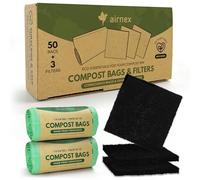 AIRNEX Compostable Trash Bags & Charcoal Filters for Compost Bucket Value Pack for Clean & Odorless Composting - 50 Pcs Compostable Trash Bags Small 1.6 Gal & 3 Pcs Compost Bin Filters Charcoal 3.5"