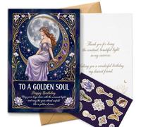 AIROW Birthday Card for Dearest Friend, Art Nouveau Goddess Moon Design, Sincere Warm Wishes, Includes Kraft Envelope and Decorative Sticker Sheet