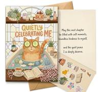 AIROW Cozy Self-Care Birthday Greeting Card, Self-Love Celebration, Whimsical Cat Spa Art, Standard A5 Size, Double-Sided Print, Original Design, Includes Envelope & Matching Sticker Sheet