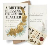 AIROW Religious Birthday Greeting Card for Teacher, Christian Faith-Based Educator Blessing, Gold Laurel Design, Standard A5 Size, Double-Sided Print, Includes Envelope & Matching Sticker Sheet