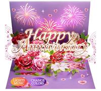 Airpark Anniversary Card with Music & Lights, 3D Pop Up Happy Anniversary Cards for Him Her Husband Wife Couple, Fireworks & Rose Lily Paper Flowers