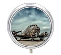 Airplane Art Pill Box 3 Compartment Portable Round Pill Organizer Leak-Proof Lightweight Daily Compact Travel Pill Case for Vitamins Supplements Medication
