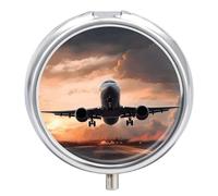 Airplane Art Pill Box Case 3 Compartment Travel Medicine Pill Organizer 3x A Day Portable Vitamin Organizer with Mirror Small Pillbox for Purse & Pocket Cute Daily Medicine Container Metal Vitamin Cas
