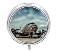 Airplane Art Pill Box for Pocket Round Pill Box 3 Compartment Decorative Portable Travel Pill Holder Tablet Vitamin Organizer Mini Pill Case