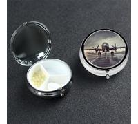 Airplane Art Pill Box with Mirror 3 Compartment Decorative Pill Case for Purse or Pocket Small Round Pill Organizer Weekly Metal Medicine Tablet Vitamin Holder Travel Gift