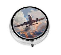 Airplane Art Printed Round Pill Organizer with 3 Compartments, Portable Mini Pill Box Pill Case for Medicine, Vitamin, Fish Oil, Supplements